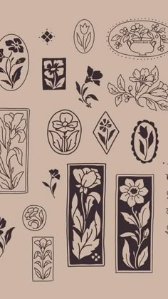 an assortment of flower designs are shown in black and white on a light brown background