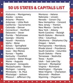 the 50 us states and capital list is shown in red, white, and blue