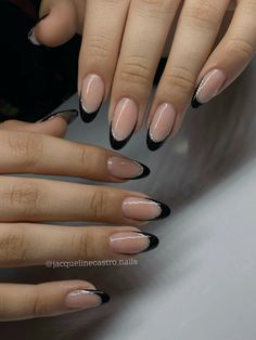 Black Glitter French Tips Almond, French Tips With Black Line, Short Almond French Nails Designs, Black Wedding Guest Nails, Grunge French Tip Nails, French Nails Ideas Black, Black French Tip Nails With Silver Line, Black French Tip Nails Almond Shape, Black On Black French Tip Nails