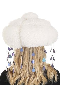 Silver Lining How unusual! A small cloud appears to have floated down from the upper atmosphere and made itself at home on your head. This means that you always have your own personal rainstorm gusting around your ears, but on the plus side, it makes you look extra fabulous fabulous.  Product Details Have the best accessory under the sun (so to speak) when you wear your exclusive Adult Sherpa Light-Up Rain Cloud Costume Hat! The polyester sherpa hat is stuffed with fiberfill to make it look like Rain Headpiece, Rain Cloud Costume, Cloud Hat, Sherpa Hat, Cloud Fashion, Sea Creature Costume, Storm Costume, Cloud Costume, Fairy Hat