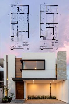 two floor plans for a modern house with three levels and an open garage area in the middle