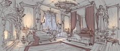 this is a drawing of a fancy room with chandeliers and couches in it