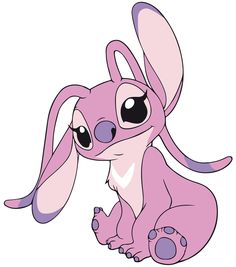 a pink rabbit sitting on the ground with big eyes and large ears, it's looking