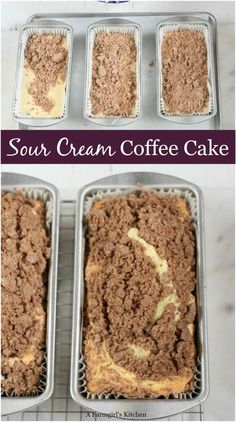 four pans filled with cake sitting on top of a counter