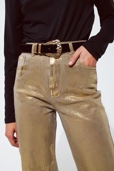 Elevate your party attire with our Glamorous Gold Straight Leg Jeans, a dazzling fashion statement that combines comfort and high-style. Radiant Metallic Glow: These jeans feature a captivating gold metallic finish, perfect for adding a touch of glamour to any party or festive occasion. Premium 100% Cotton Material: Crafted from high-quality cotton, these jeans provide both comfort and a flattering drape, ensuring you look and feel great throughout your event. Flattering Straight Leg Cut: The cl Party Jeans, Tan Scarf, Metallic Jeans, Stylish Blazer, Pants Fit, Style Party, Bronze Gold, Perfect Party, Hat Hairstyles