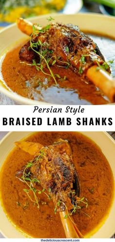 two pictures with different types of food in them and the words persian style braised lamb shanks