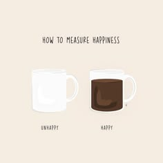 two coffee mugs with the words how to measure happiness and happy