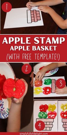 apple basket craft for kids - apple stamping preschool craft, free apple basket template pdf Apple Basket Craft, Apple Stamping Craft, Apple Art Projects, Apple Crafts Preschool, Apple Stamping, Preschool Apple Activities, Preschool Apple Theme, Apple Kindergarten, Craft For Preschool