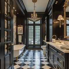 a bathroom with black and white checkered flooring, chandelier, double sinks, and bathtub