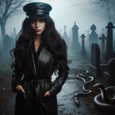 a woman in a black coat and hat standing next to a cemetery