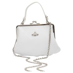 White. Made from nappa leather. Silver hardware. Signature Orb plaque detail. Clasp fastening. Main compartment with logo cotton lining. Long top handle Detachable chain-link shoulder strap. Material: Leather Measures: Height 4.7” x Length 6.7” x Depth 2.4” Drop: 21.7” Comes with: Dust bag and chain shoulder strap Condition: Excellent. White Vivienne Westwood Bag, Vivienne Westwood Purse, Vivienne Westwood Bags, Expensive Bag, Robes Vintage, Teddy Boys, White Purses, Frame Bag, Leather Silver