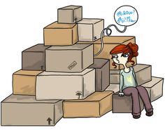 a woman sitting on top of boxes with a thought bubble above her head