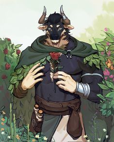 a man with horns holding a rose in his hands