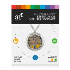 aroma therapy essential oil diffuse necklace with tree and moon on the front, surrounded by multicolored circles