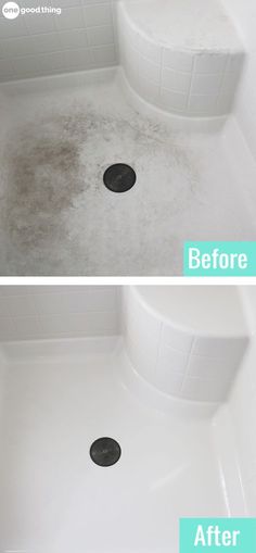 the before and after pictures of a shower with soapy water on it's floor