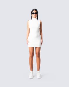 A little white dress is essential for the summertime 🤍 Made from a stretch rib knit, and designed with a mock neck detail, this dress is perfect for an everyday look, or a special night out. 🕊 Chic White Stretch Mini Dress, White Ribbed Stretch Bodycon Dress, High-neck Ribbed Mini Dress For Spring, Ribbed High-neck Mini Dress For Spring, High Neck Ribbed Mini Dress For Spring, Sleek White Fitted Dress, Trendy White Stretch Bodycon Dress, Summer High Neck Bodycon Dress, Summer Knee-length Ribbed Bodycon Dress