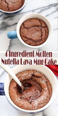 three different images of chocolate cake in mugs with text overlay that reads 4 ingredient moten nutella lava mug cake