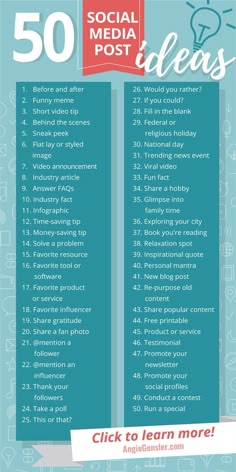 the 50 social media post ideas list is shown in blue and red with white lettering