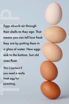 an image of eggs stacked on top of each other with the words, eggs absorb air through their shells as they age that means you can tell how fresh