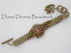 a beaded bracelet is displayed on a white background with the words diane demnis beadwork