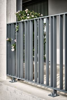 an iron gate with flowers growing out of it on the side of a building in front of a window