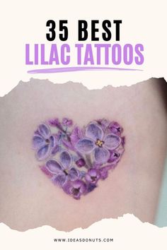 the back of a woman's stomach with purple flowers on it and text overlay that reads 35 best lilac tattoos