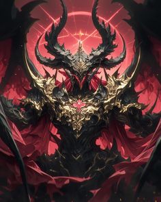 a demonic demon with large horns on his head, surrounded by red and yellow lights