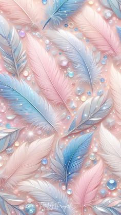 an image of colorful feathers and bubbles on a pastel pink background with water droplets