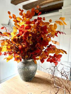 a vase filled with colorful leaves on top of a wooden table