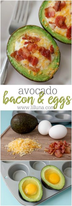 avocado bacon and eggs in muffin tins on a baking sheet with the title above it