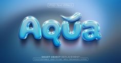 the word aqua is made up of shiny blue letters and water droplets on a dark background