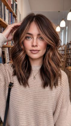 Medium Brown With Red Balayage, Fall Medium Haircuts, Caramel Brown All Over Hair Color, Red Medium Hairstyles, Short Brown Hair With Caramel Balayage, Fall Hair Brunette Caramel, Copper Highlights On Medium Brown Hair, Brunette Hair With Red Highlights Fall, Hair Inspiration Copper