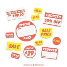 sale stickers with price tags and prices on white background, flat layed out