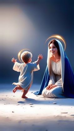 a painting of the virgin mary and child jesus in blue robes, kneeling down with their arms outstretched