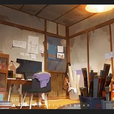 an office with lots of clutter on the desk