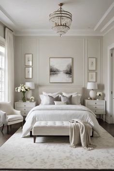 a large white bed sitting in a bedroom next to two chairs and a chandelier