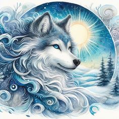 a painting of a wolf with blue eyes and snow on it's face, in front of a full moon