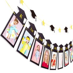 a graduation party banner with pictures of graduates and their families hanging from the line in front of them