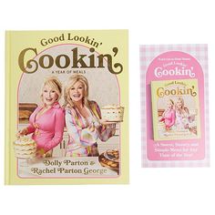 two cookbooks are shown next to each other on a white background and one is pink