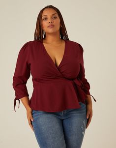 Curve Long Sleeve Woven Wrap Top Plus Size Tops Burgundy 1XL -2020AVE Wrap Blouse Outfit, 2025 Style, Woven Wrap, Blouse Outfit, Wrap Blouse, Crop Blouse, Plus Size Blouses, Wrap Top, Work Fashion