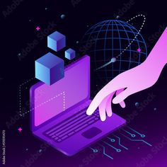 a person using a laptop computer on top of a purple background