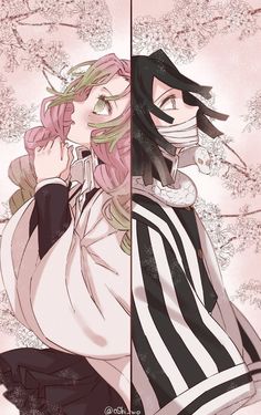 two anime characters one with pink hair and the other wearing black and white striped clothes