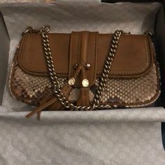 Brown Leather And Snake Skin Handbag. Perfect Condition. Bought It And Then Forgot About It In The Back Of My Closet... A Real Classic Gucci. Snake Skin Handbag, Gucci Handbag, Bags Gucci, Selling On Poshmark, Gucci Handbags, Gucci Bags, Branded Handbags, Luxury Items, Saddle Bags