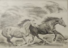 two horses running in the wind on a cloudy day drawing by hand with charcoal pencils