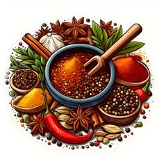 an illustration of spices and seasonings in a bowl on a white background with space for text