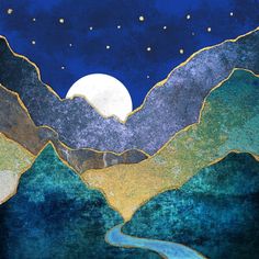 a painting of mountains with a river running through them and the moon in the sky