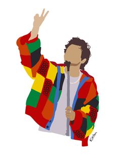 a man in a colorful jacket holding a microphone and making the peace sign with his hand