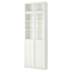 a white bookcase with glass doors on the front and bottom shelves, against a white background