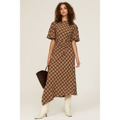 Brown polyester blend (49% Polyester, 39% Rayon, 12% Nylon). Hourglass. Crewneck. Short sleeves. Polyester lining. Side zipper closure. 48" from shoulder to hemline. Imported. Fitted Brown Plaid Dress, Knee-length Patchwork Brown Dress, Brown Midi Dress With Button Closure, Brown Wool Jacquard Knit Outerwear, Plaid Cotton Button-up Dress, Jonathan Simkhai, Rent The Runway, Closet Designs, Side Zipper