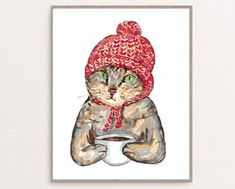 a watercolor painting of a cat wearing a red knitted hat and holding a coffee cup